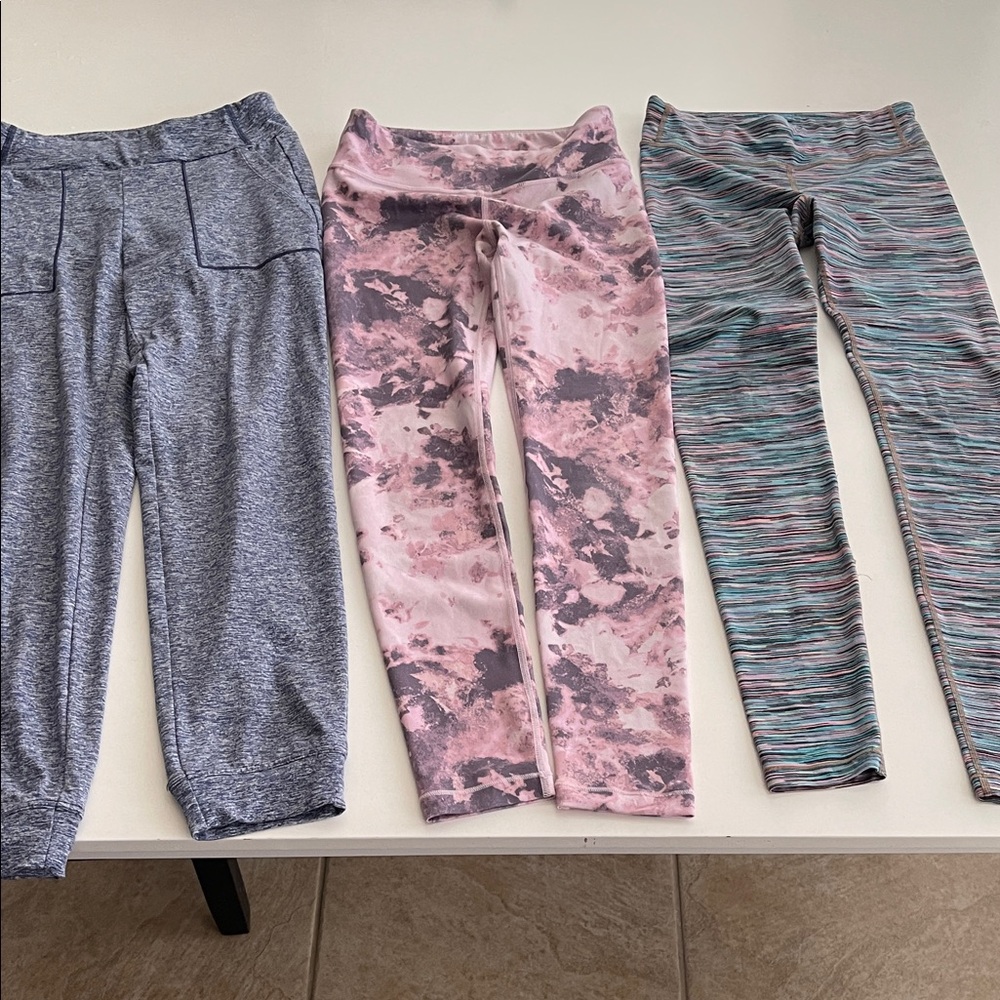 Bundle of 3 Athleta Kids Blueish Gray, Pink, and Multicolor Leggings Trio